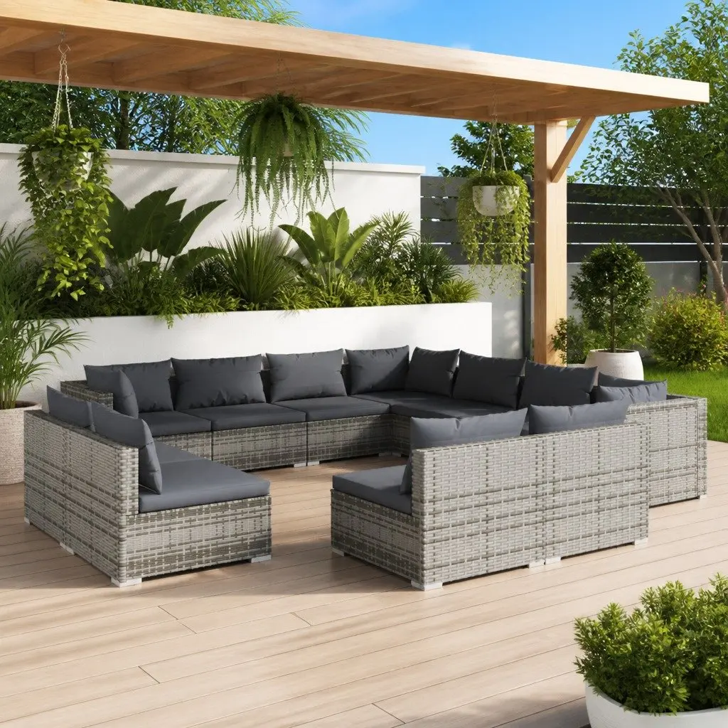 Garden Lounge Set 11 Piece Outdoor Furniture Grey Poly Rattan with Cushions
