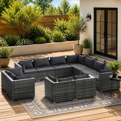 11 Piece Garden Lounge Set Grey Poly Rattan Outdoor Furniture with Cushions