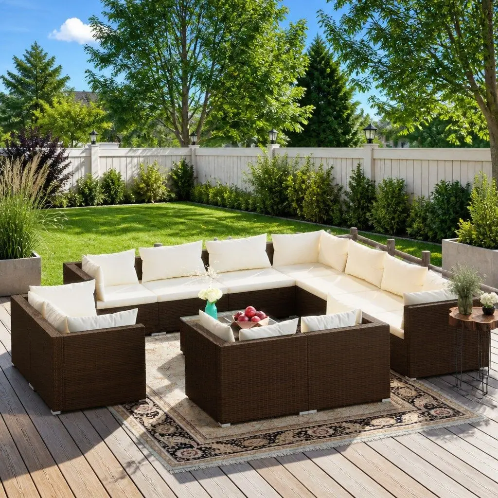 Garden Lounge Set Brown 12 Piece Outdoor Furniture Poly Rattan with Cushions