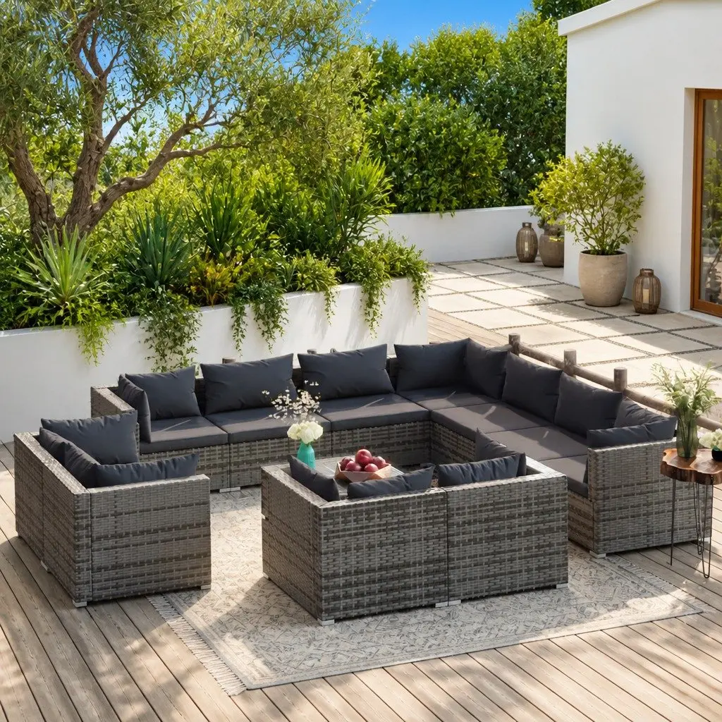 Grey Garden Lounge Set 12 Piece Outdoor Furniture Poly Rattan Patio Seating