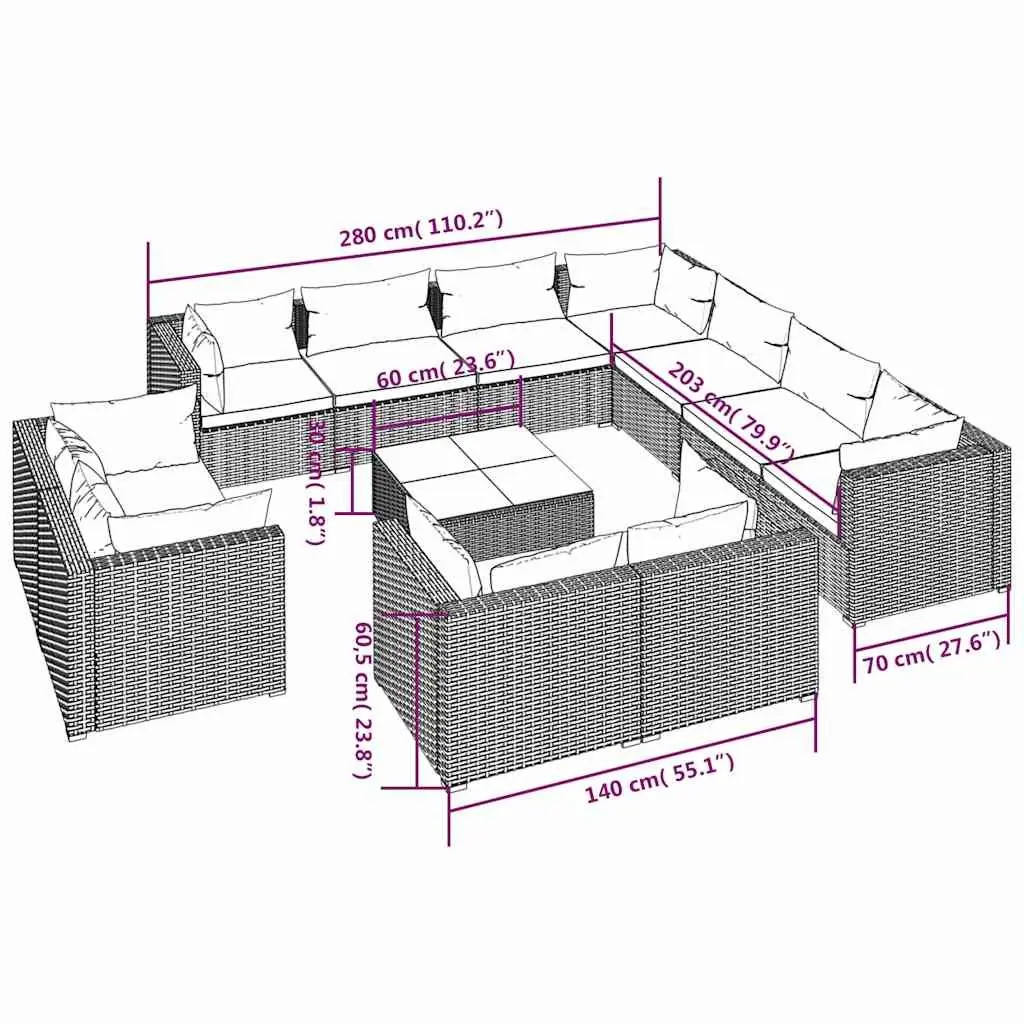Grey Garden Lounge Set 12 Piece Outdoor Furniture Poly Rattan Patio Seating