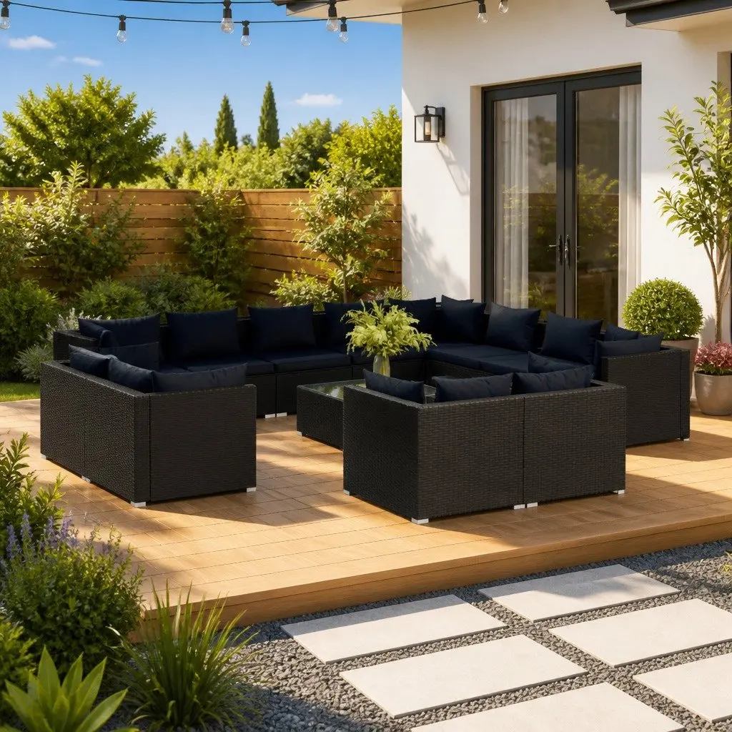 13 Piece Garden Lounge Set Black Modular Outdoor Furniture with Water-resistant PE Rattan and Powder-coated Steel Frames