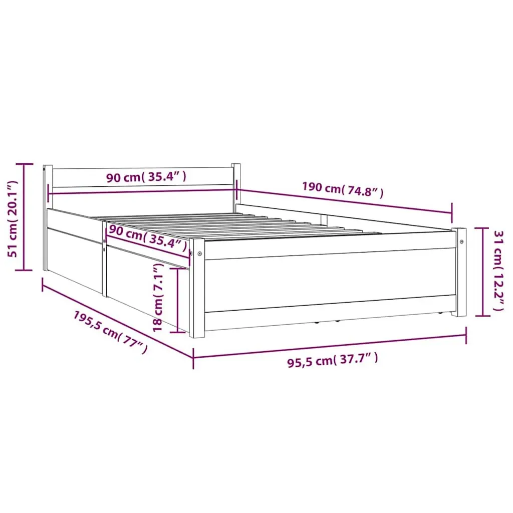 Bed Frame White Single 90x190cm Wooden with Storage Drawers
