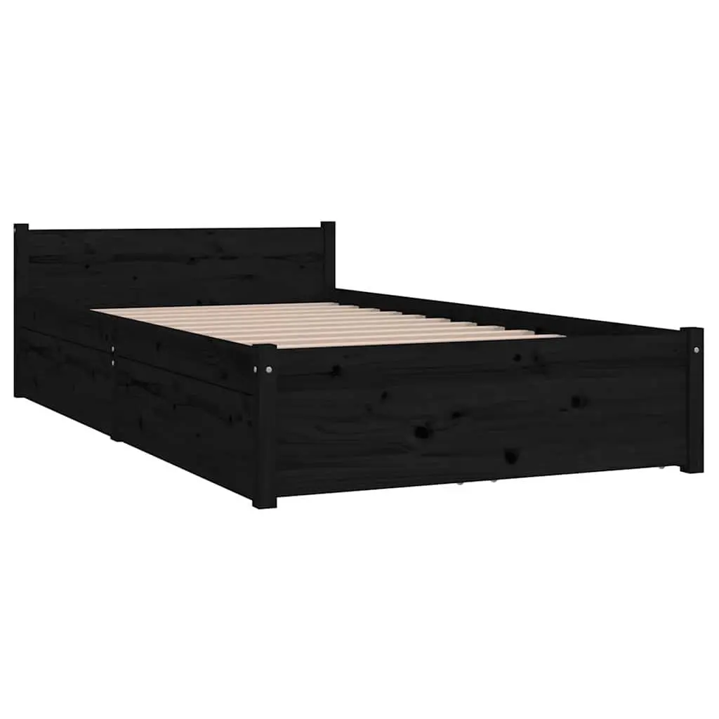 Single Bed Frame Black 90x190cm Solid Pine Wood with Integrated Storage Drawers