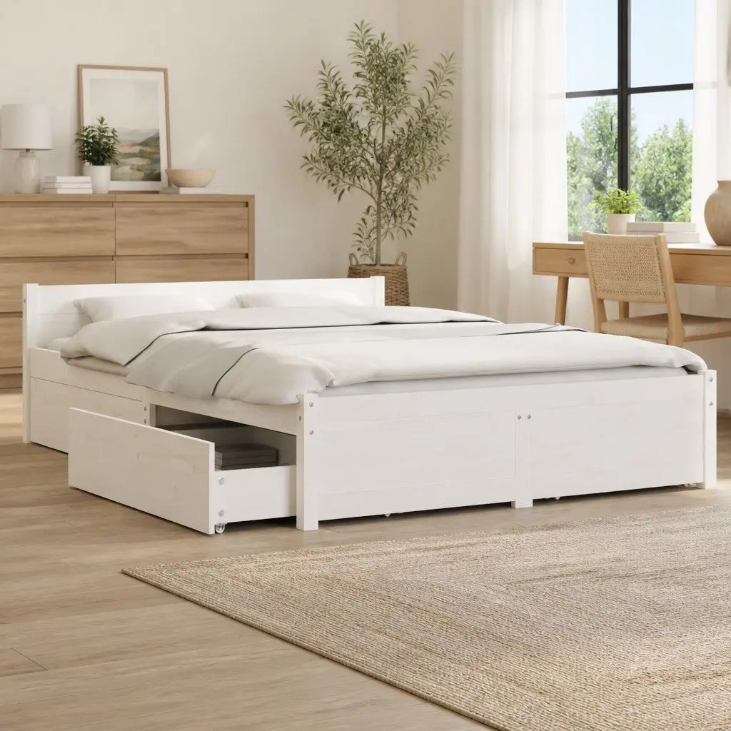 Wooden Bed Frame White 150x200 cm with Storage Drawers Classic Headboard