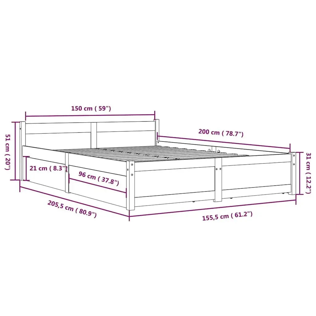 Wooden Bed Frame White 150x200 cm with Storage Drawers Classic Headboard