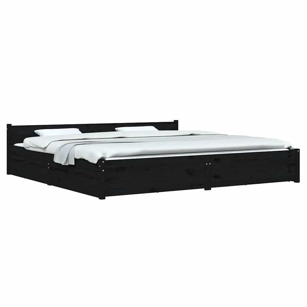 King Bed Frame Black 183x203 cm Wooden with Storage Drawers