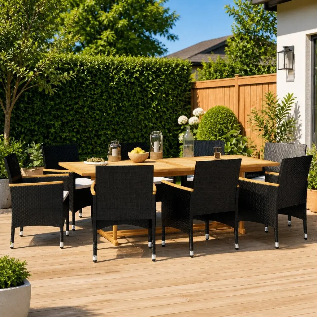 9 Piece Garden Dining Set Outdoor Acacia Wood Chairs Table with Cushions Black