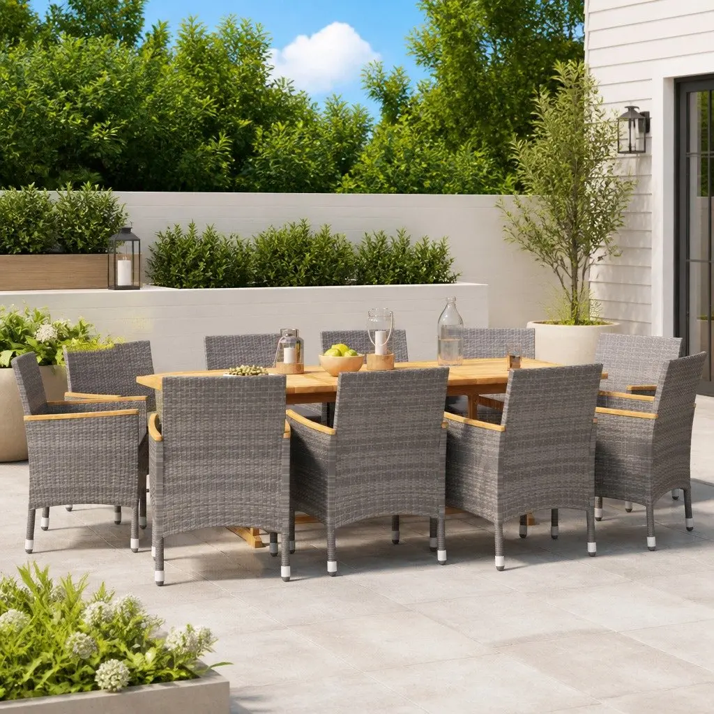 Garden Dining Set Grey 11 Piece Outdoor Furniture Solid Acacia Wood Cushions