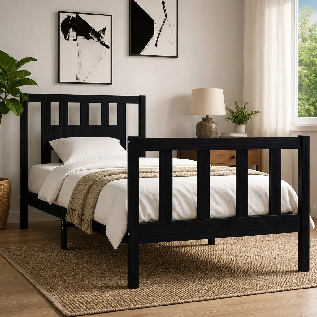 Solid Wood Bed Frame Black 90x190 cm Single with Integrated Headboard and Wooden Slat Base