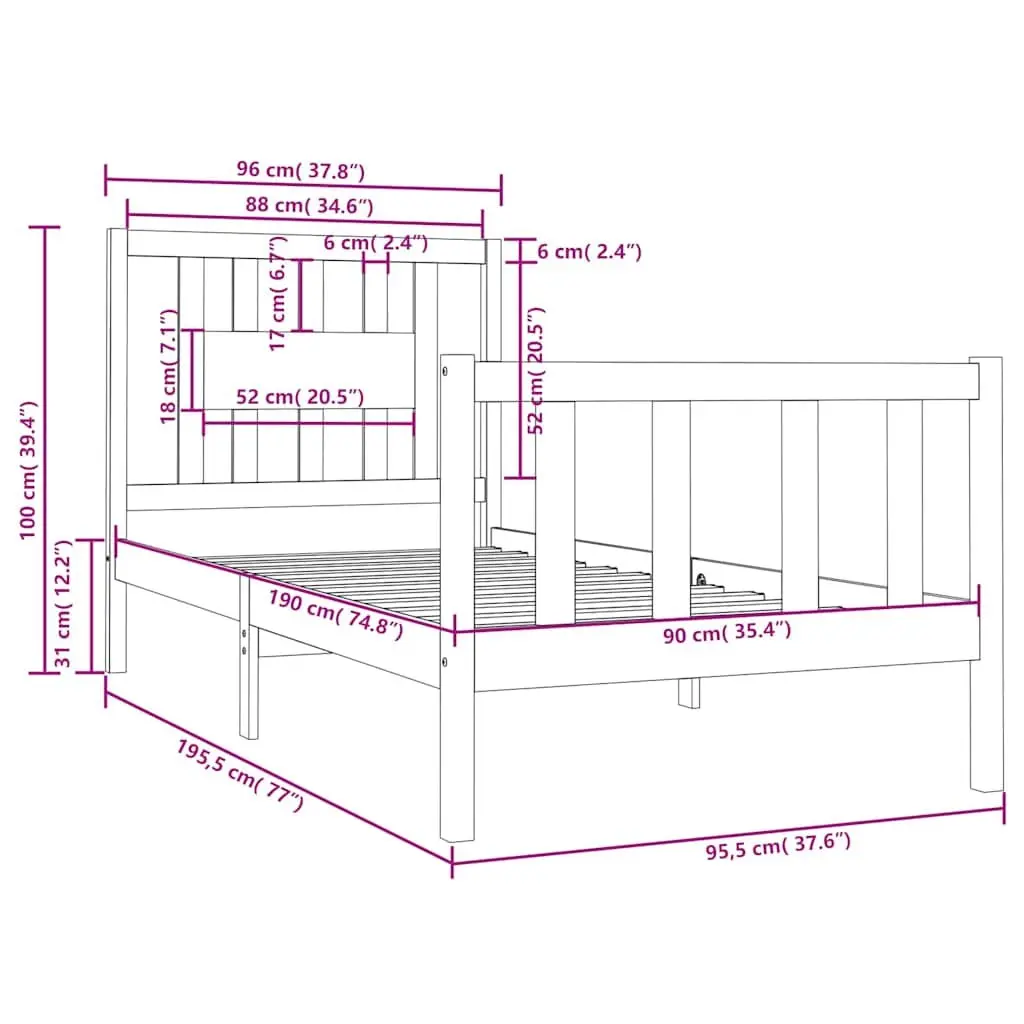 Solid Wood Bed Frame Black 90x190 cm Single with Integrated Headboard and Wooden Slat Base