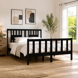 Bed Frame 135x190 cm Black Solid Wood Bedroom Furniture with Headboard Slats
