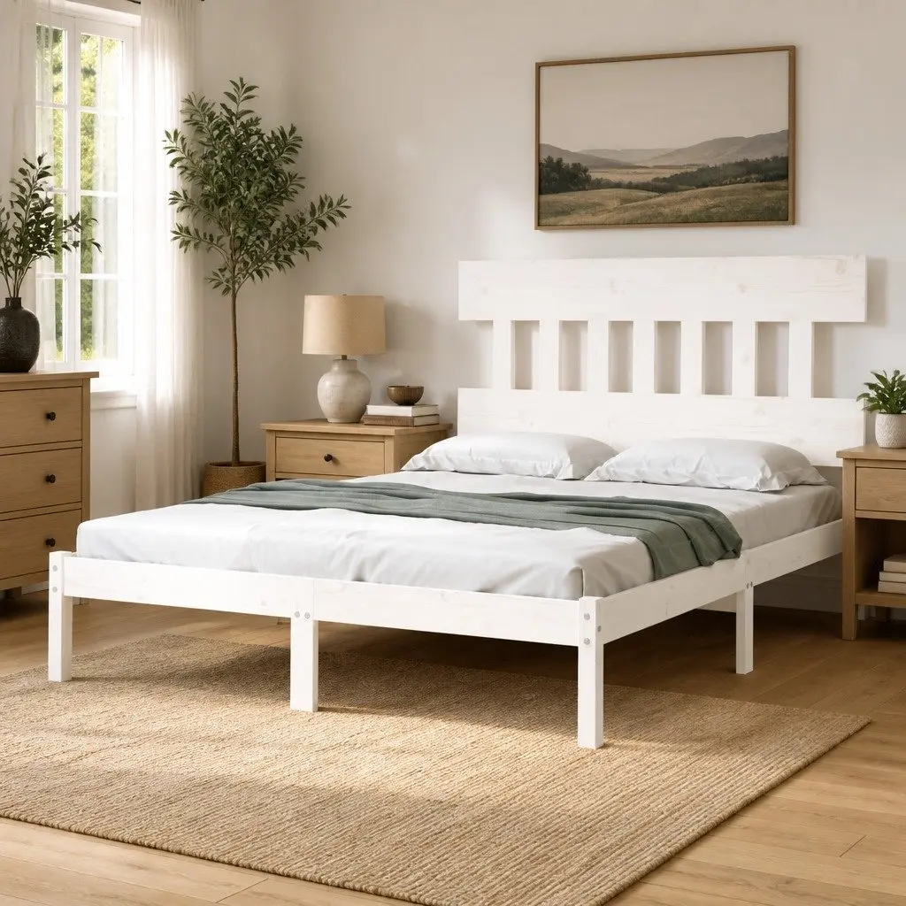 King Bed Frame White 183x203 cm Solid Wood Sturdy Structure
