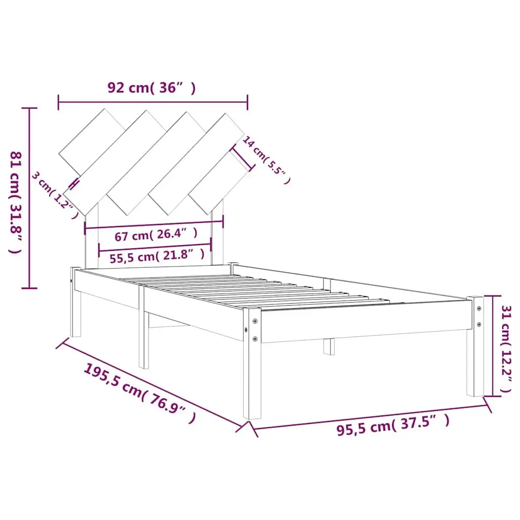 Bed Frame White 90x190 cm Solid Pine Wood Slats Classic Headboard