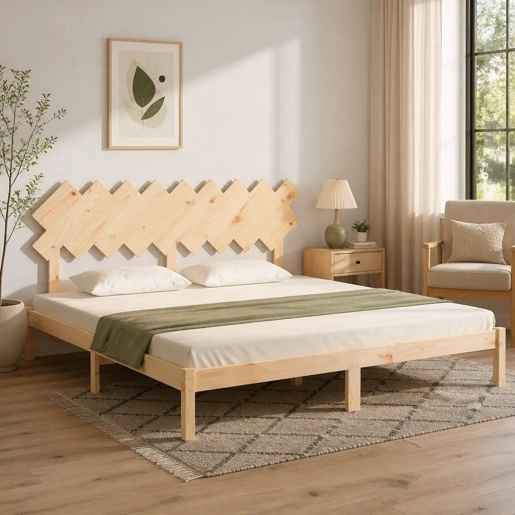 King Bed Frame Brown 183x203cm Solid Pine Wood Slats Headboard