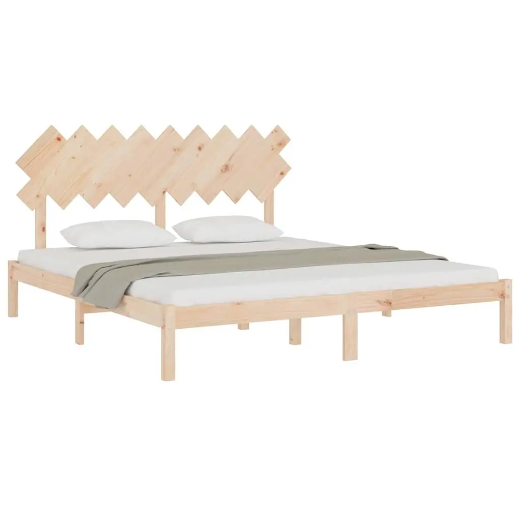 King Bed Frame Brown 183x203cm Solid Pine Wood Slats Headboard