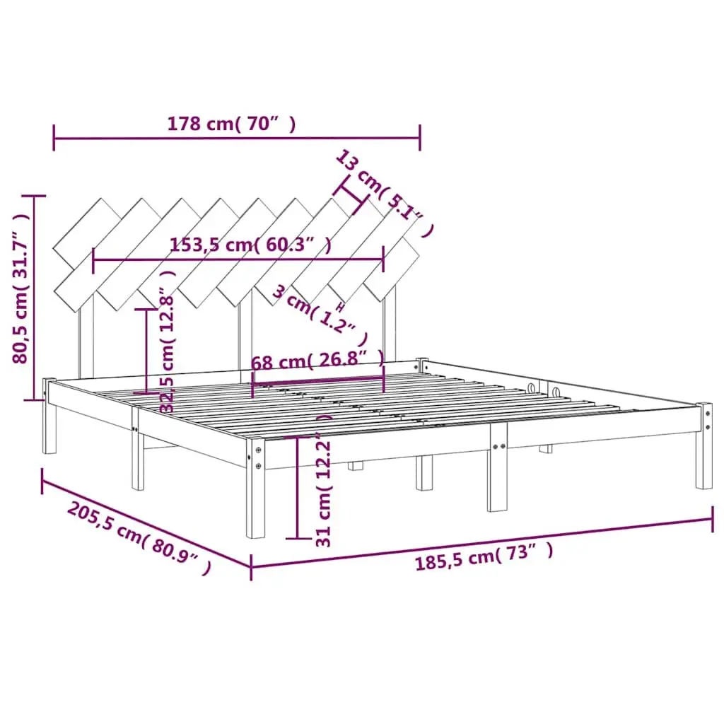 King Bed Frame Brown 183x203cm Solid Pine Wood Slats Headboard