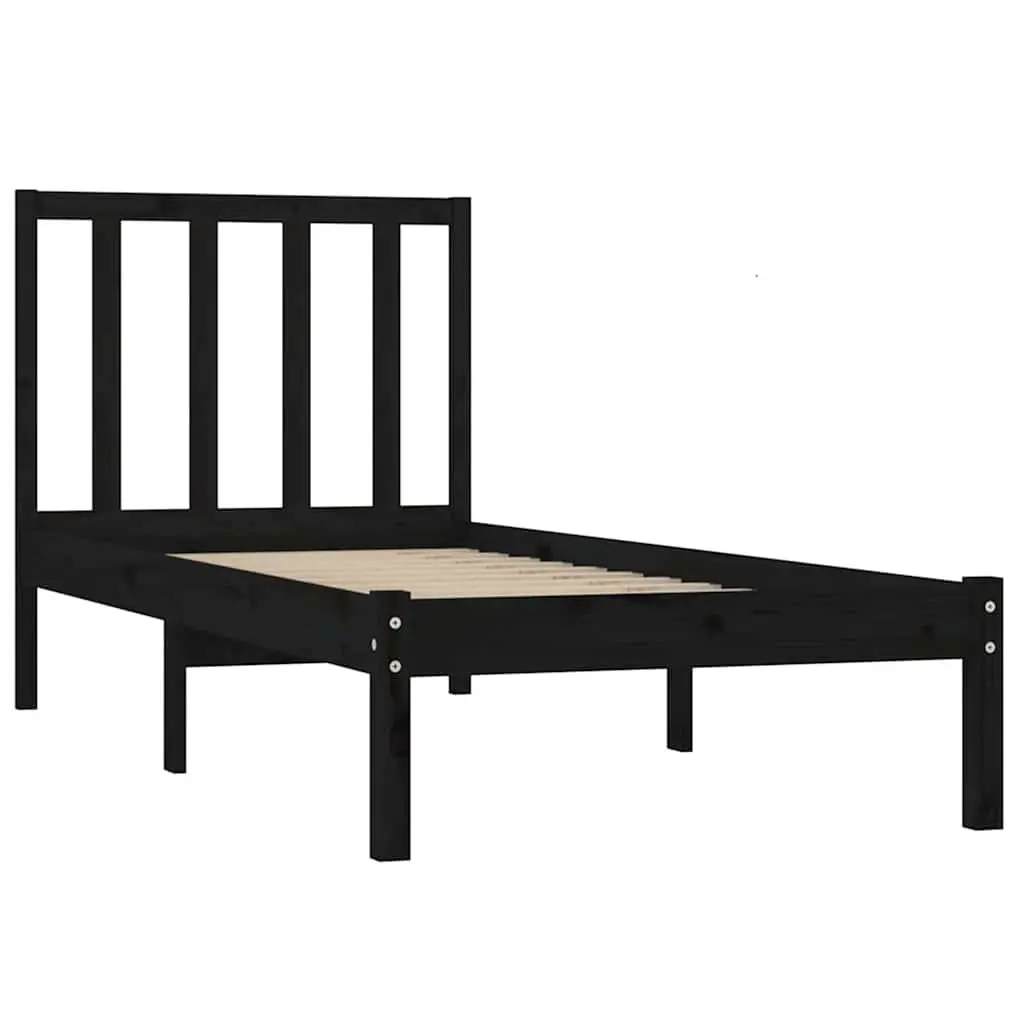 Single Bed Frame Black 90x190 cm Solid Pine Wood with Integrated Headboard and Wooden Slats for Mattress Support