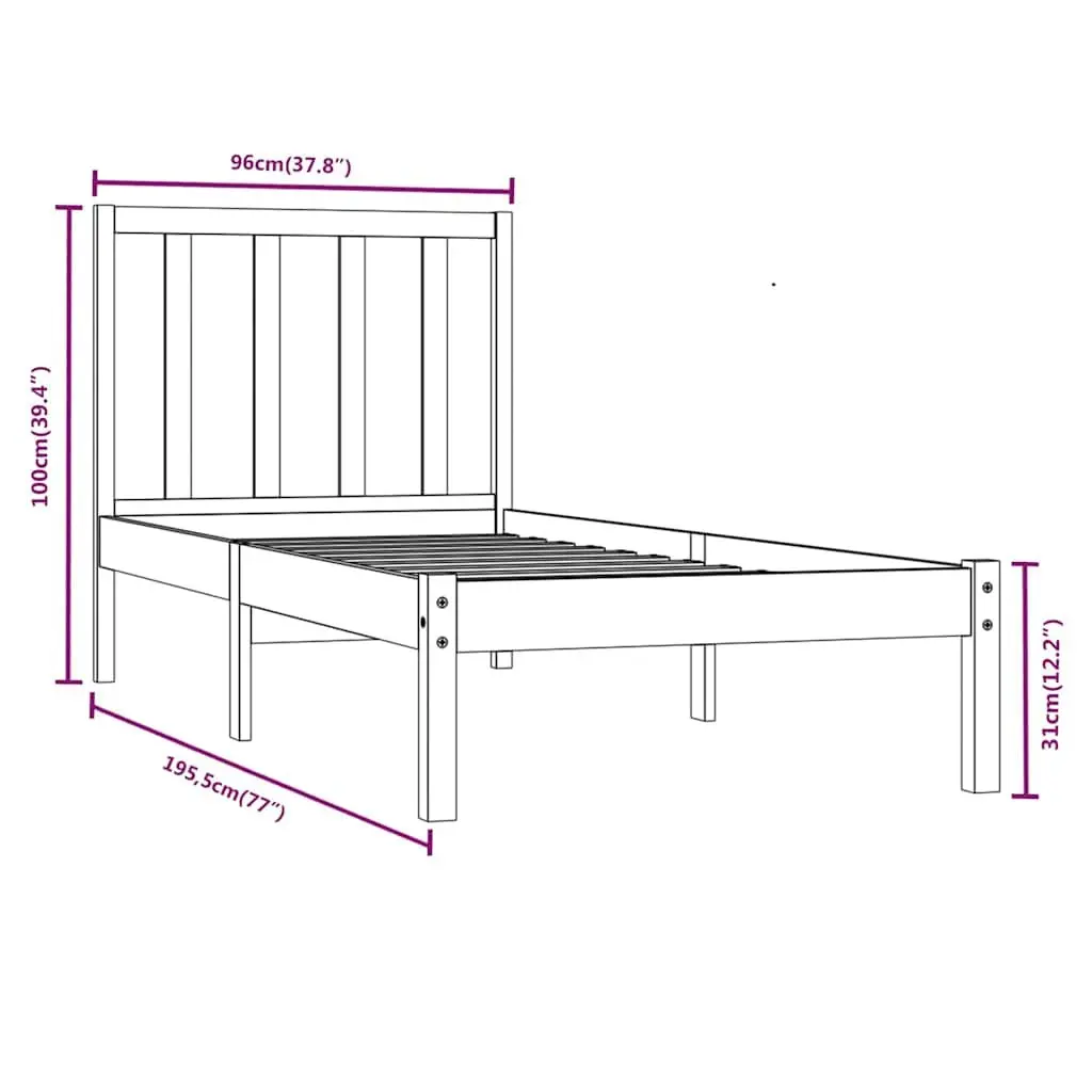 Single Bed Frame Black 90x190 cm Solid Pine Wood with Integrated Headboard and Wooden Slats for Mattress Support