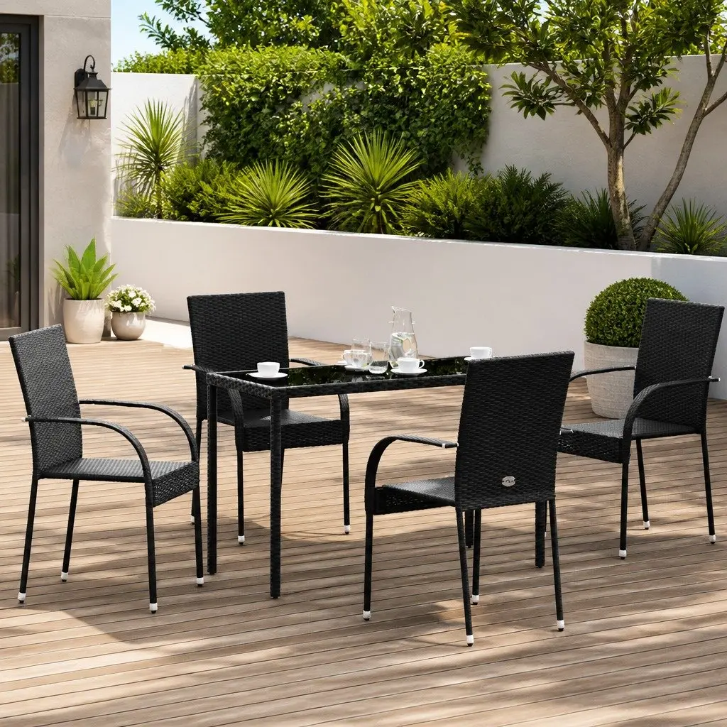 Stackable Outdoor Dining Chairs 4 pcs Garden Patio Seating Set Black Rattan