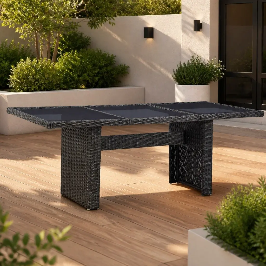 Garden Dining Table Black Glass Tabletop Rattan Frame