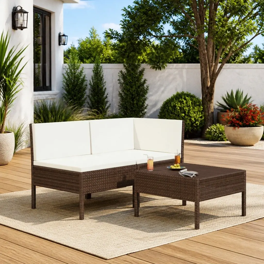 Garden Lounge Set Brown 3 Piece Outdoor Furniture Poly Rattan Sofa with Cushions