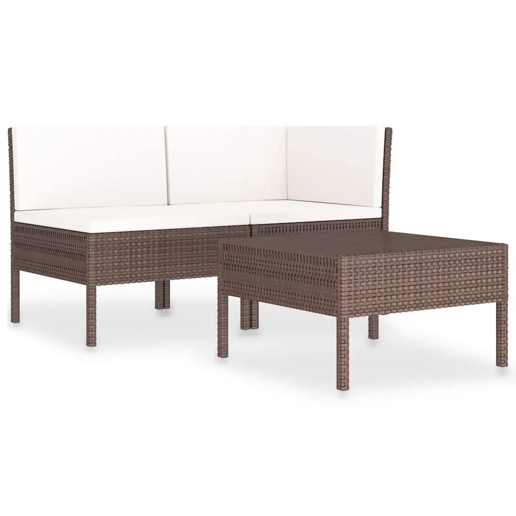 Garden Lounge Set Brown 3 Piece Outdoor Furniture Poly Rattan Sofa with Cushions