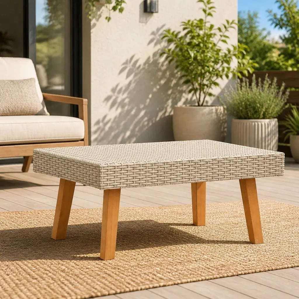 Outdoor Coffee Table Beige PE Rattan Powder-coated Steel Frame Wooden Legs