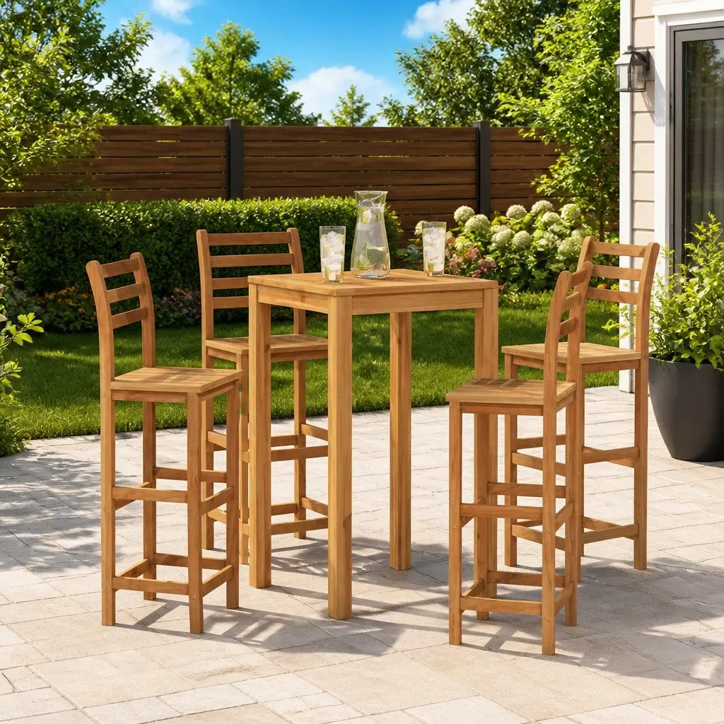 Solid Acacia Wood Bar Stools Brown 4 Piece Sturdy Construction Indoor Outdoor Seating