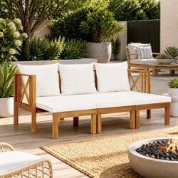 3-Seater Garden Bench Cream Cushions 179cm Outdoor Indoor Wooden Seat Daybed