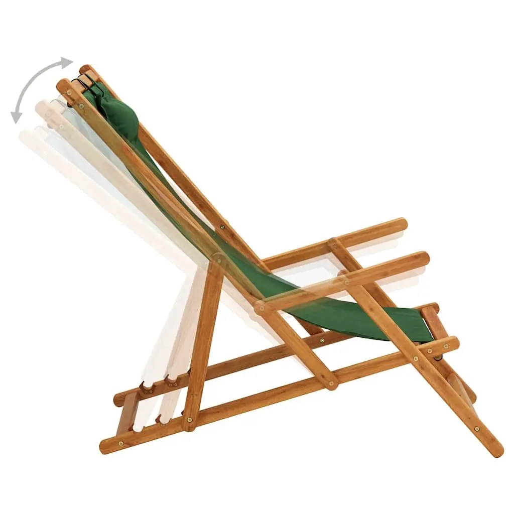 Folding Beach Chair Green Portable Lightweight Wooden Frame Fabric Seat 3 Reclining Positions