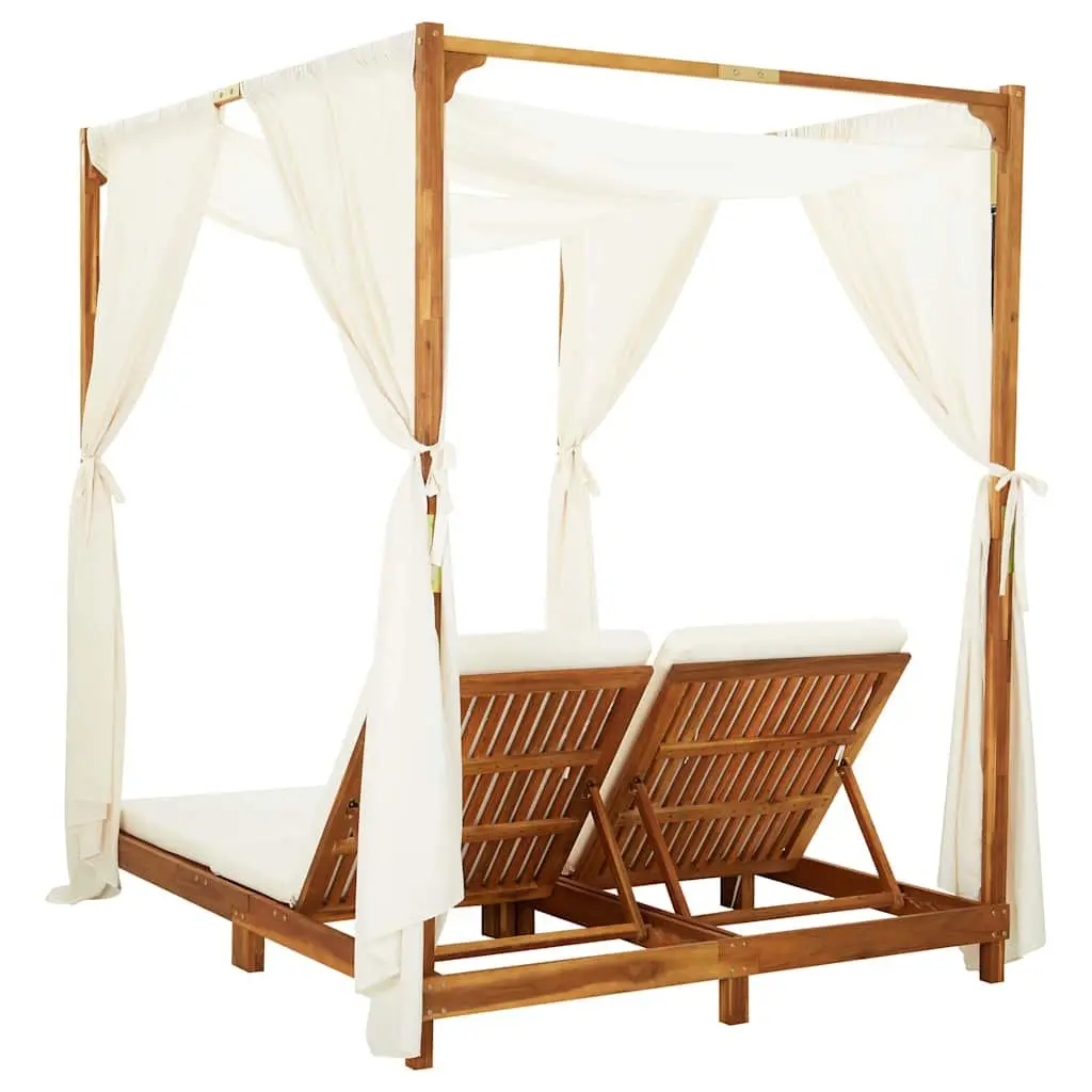 Double Sun Lounger Solid Acacia Wood Garden Patio Furniture Cream Cushions