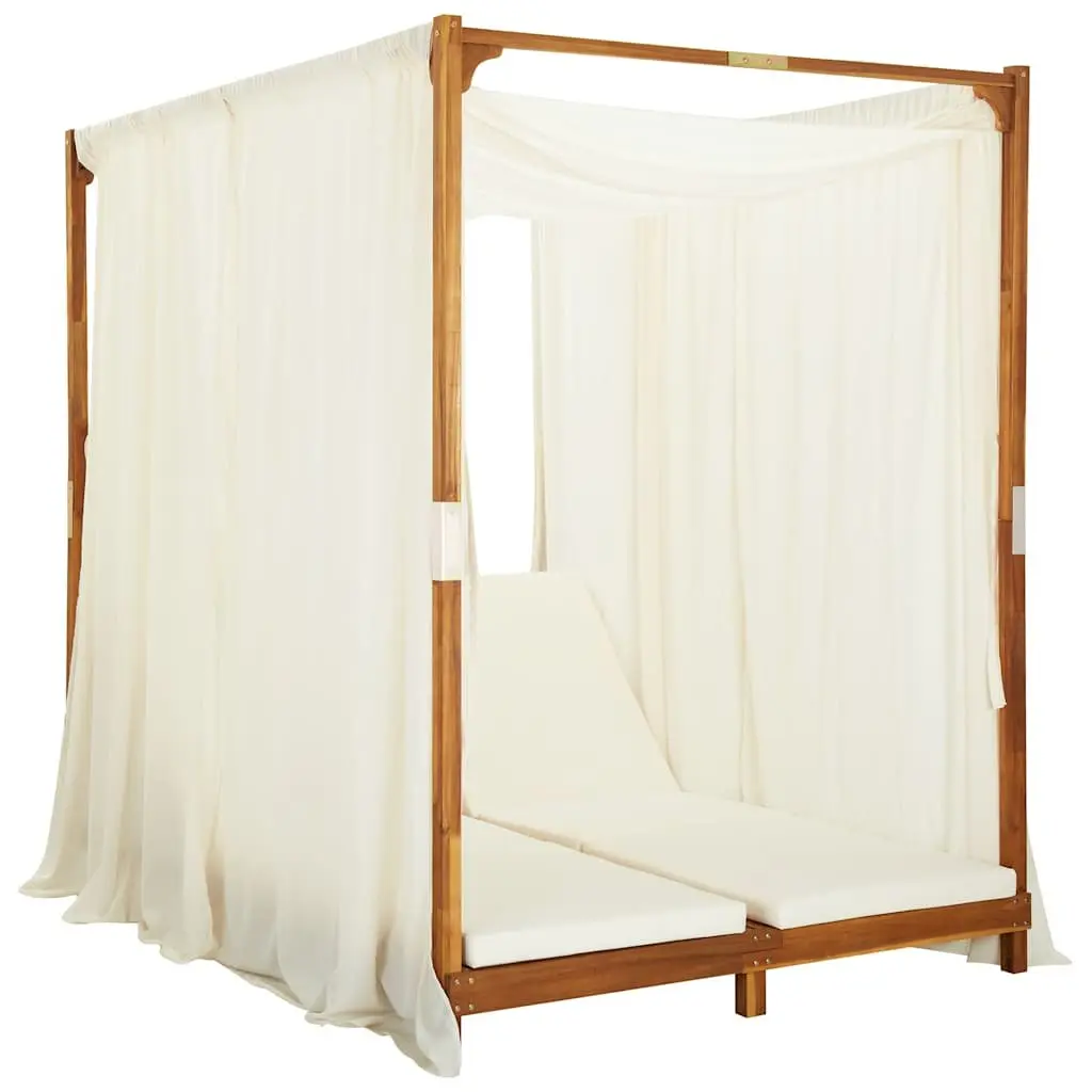 Double Sun Lounger Solid Acacia Wood Garden Patio Furniture Cream Cushions