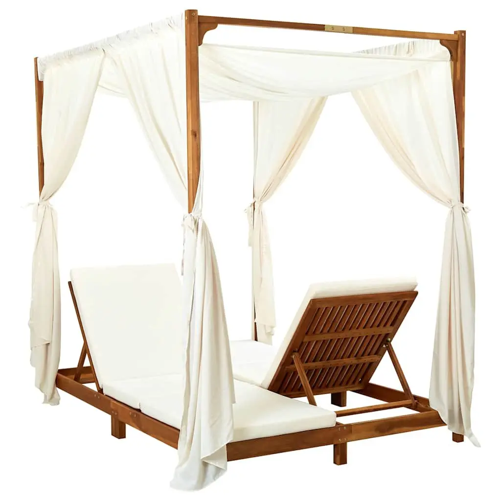 Double Sun Lounger Solid Acacia Wood Garden Patio Furniture Cream Cushions