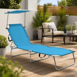 Folding Sun Lounger with Adjustable Canopy Steel Frame Outdoor Sunbed Turquoise