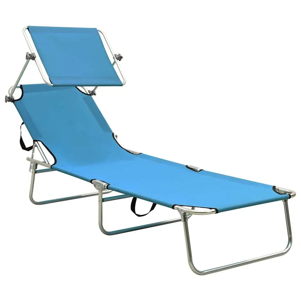 Folding Sun Lounger with Adjustable Canopy Steel Frame Outdoor Sunbed Turquoise