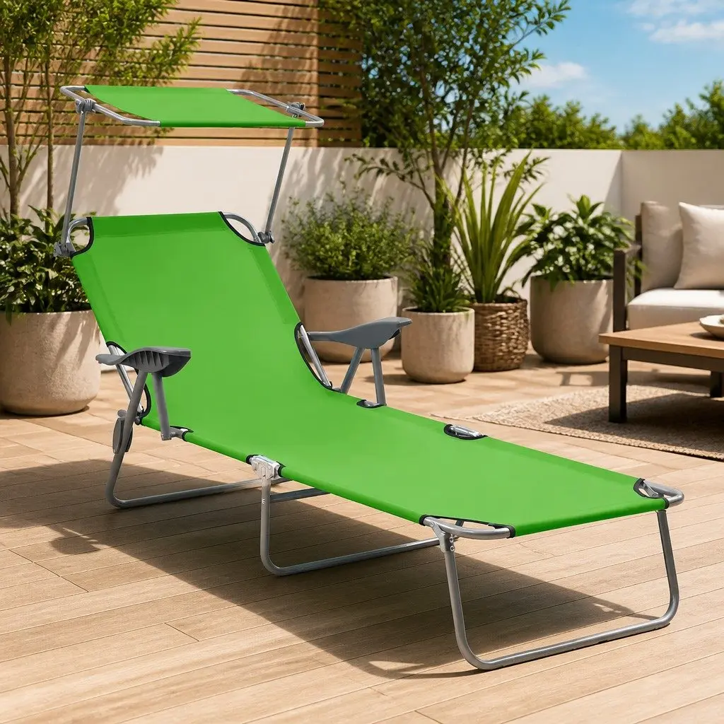 Sun Lounger Green Adjustable Backrest Foldable with Canopy