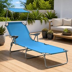 Sun Lounger with Canopy Adjustable Backrest Foldable Beach Bed Garden Outdoor