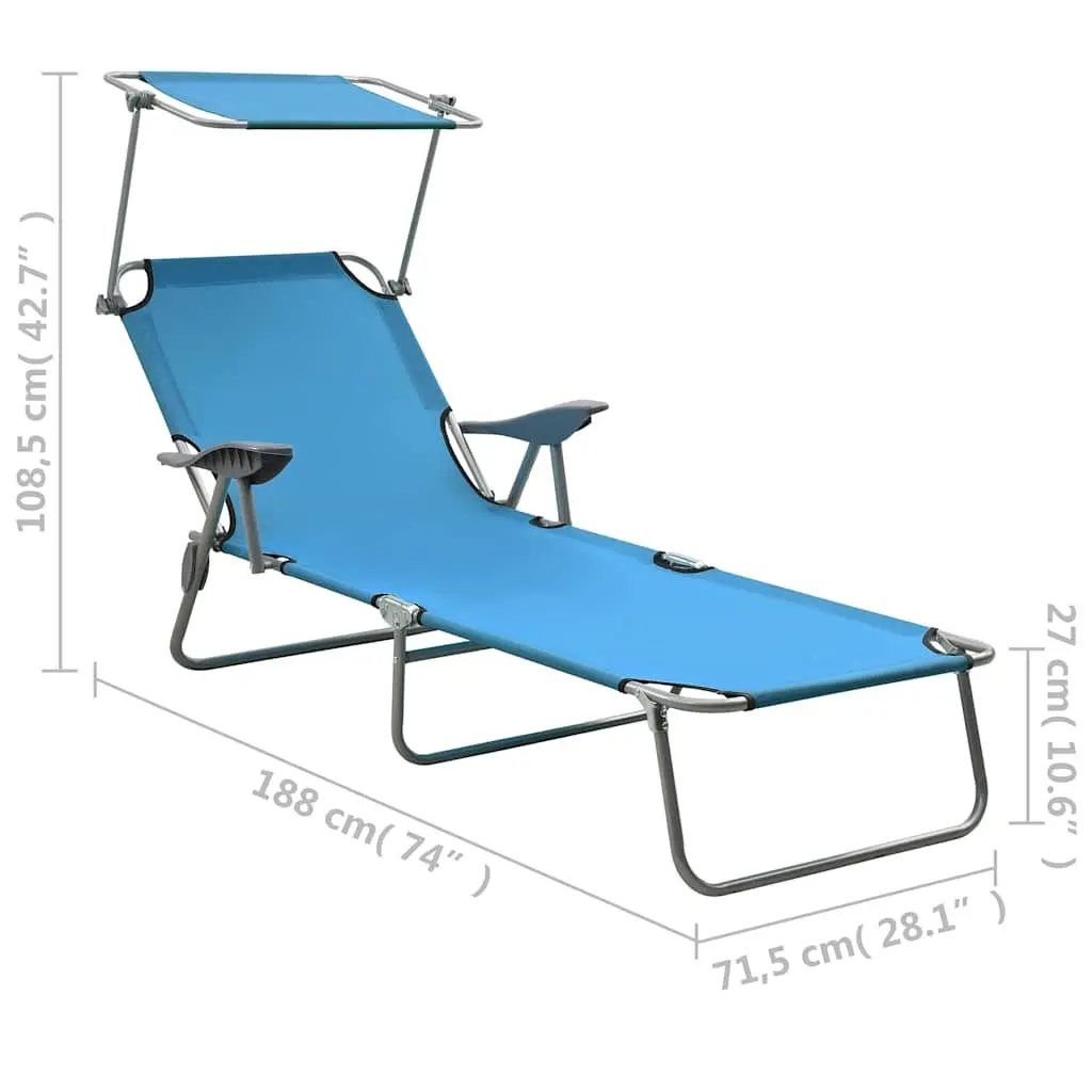 Sun Lounger Blue Foldable Adjustable Backrest Canopy for Garden Patio Beach