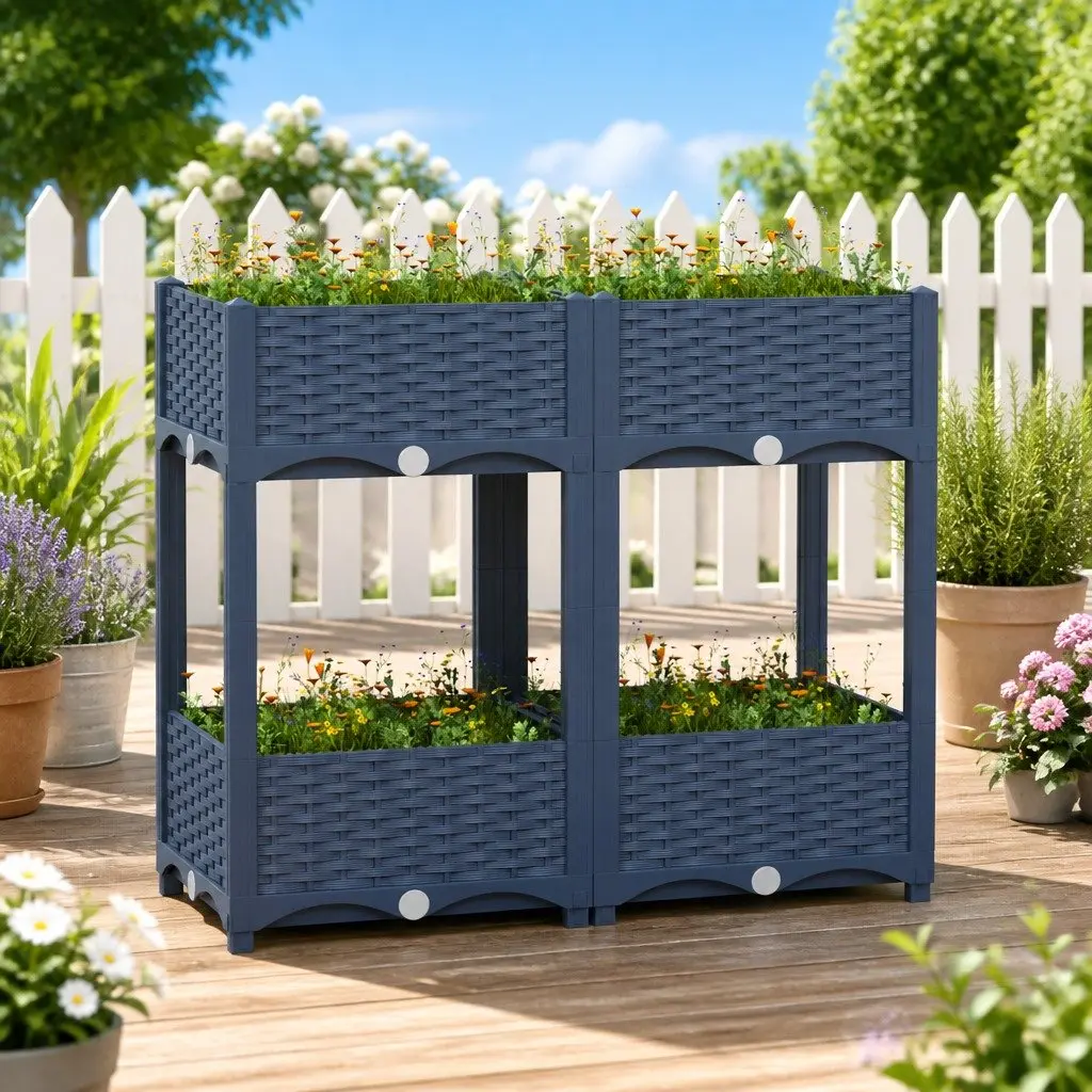 Raised Garden Bed Planter Grey 80L x 40W x 71H cm with 2 Shelves for Organized Plant Display
