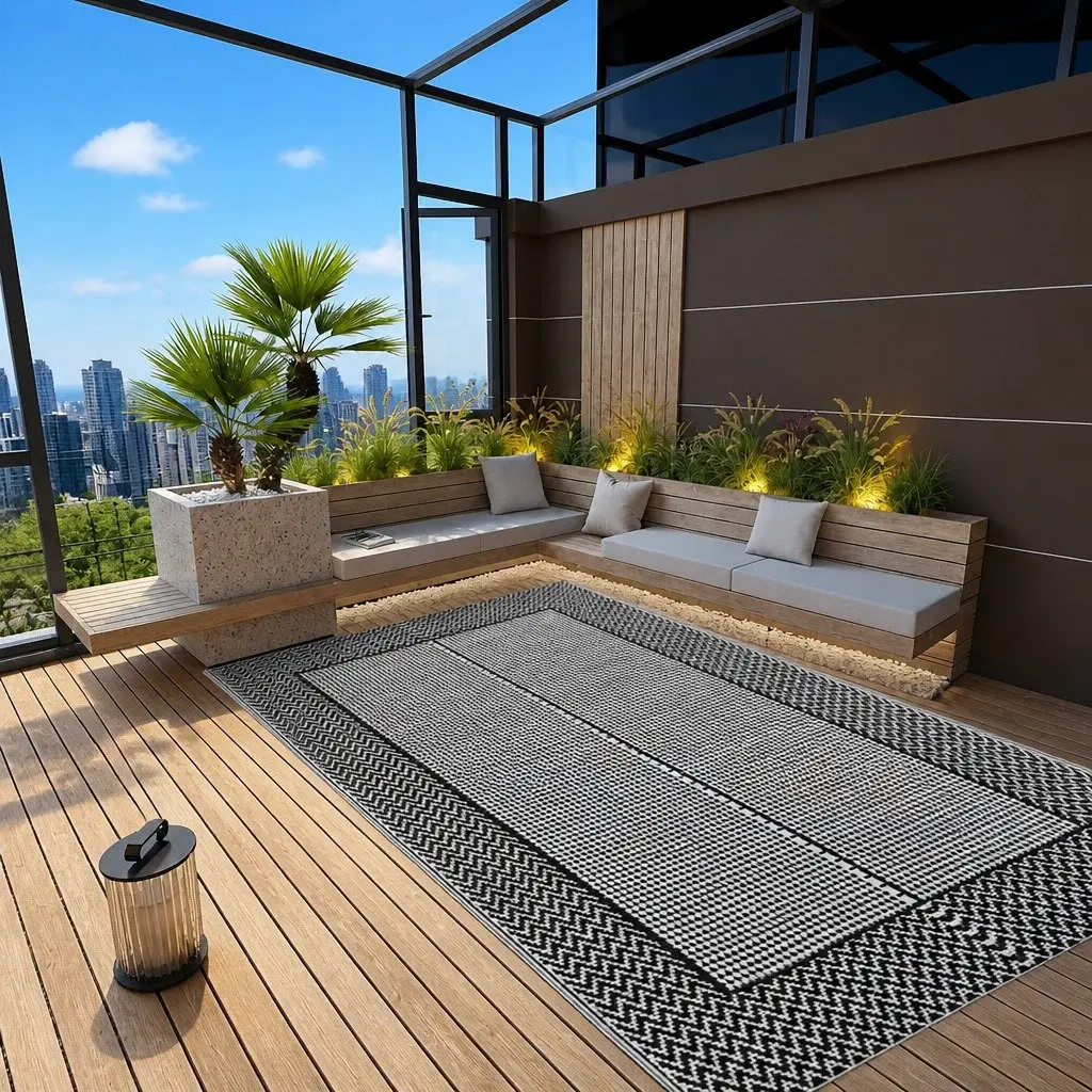 Outdoor Rug Grey 160x230 cm Double Layer Jacquard Pattern Soft Surface Suitable for Patios Balconies Terraces Garden Decor
