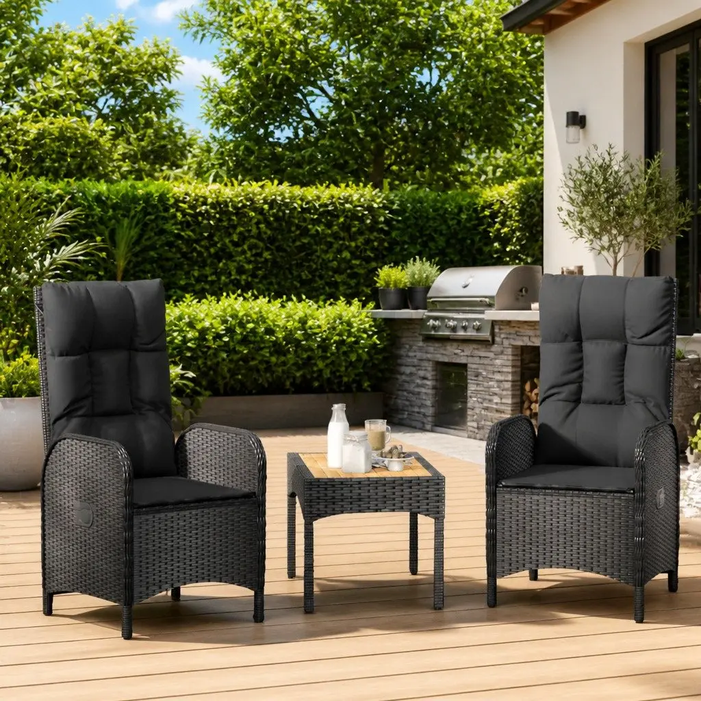 Outdoor Chairs Black 2 Piece Poly Rattan Curved Backrest Armrest