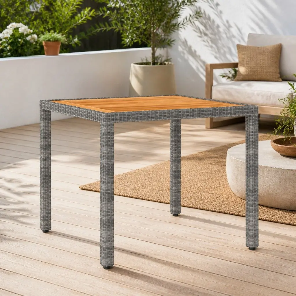 Garden Table Grey 90x90x75cm Poly Rattan Steel Frame Solid Acacia Wood Top