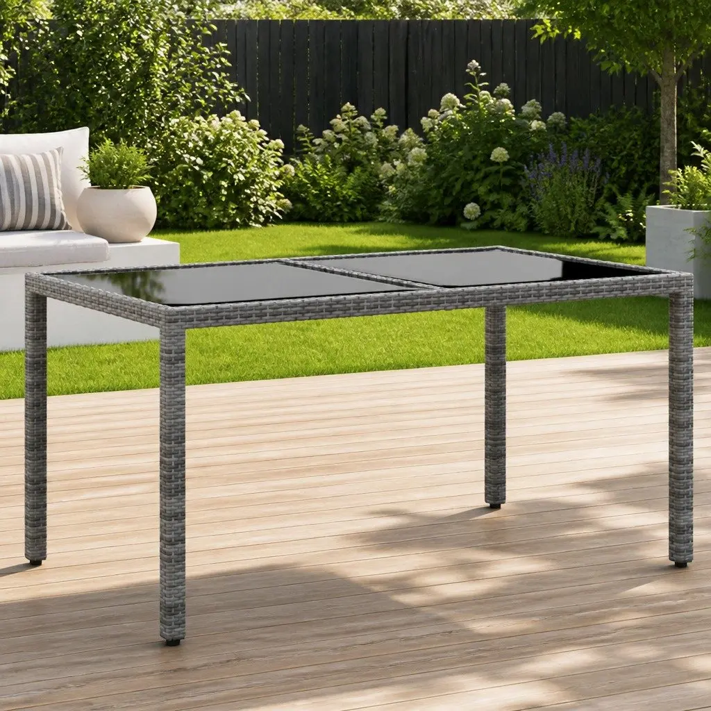 Garden Table Grey 150x90x75 cm Outdoor Patio Dining Tempered Glass Poly Rattan