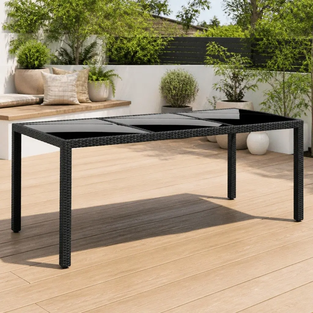 Garden Table Black 190x90x75cm Tempered Glass Top Poly Rattan Frame Outdoor Furniture