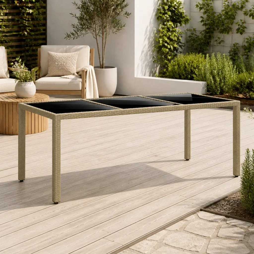 Outdoor Garden Table 190x90x75cm Tempered Glass Poly Rattan Patio Furniture