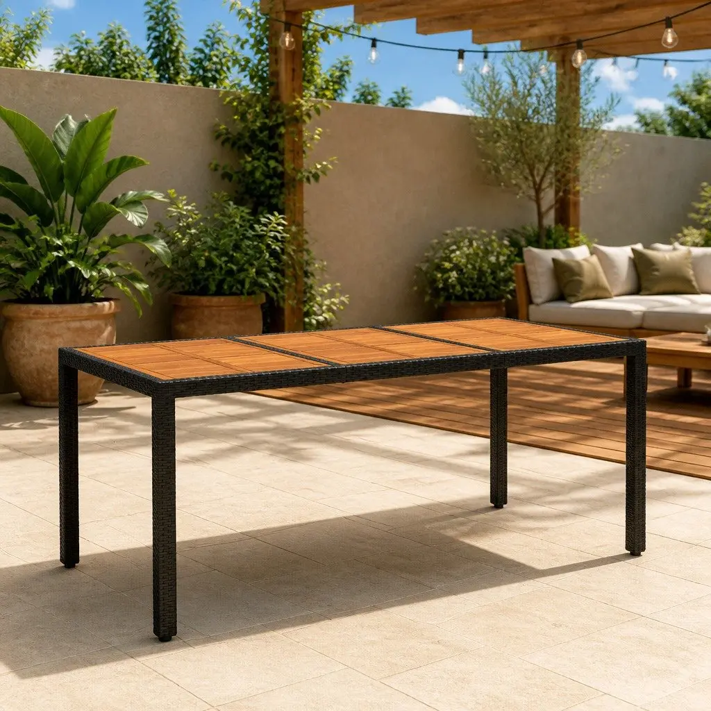 Garden Dining Table Black 190x90cm Acacia Wood Steel Frame Poly Rattan Outdoor