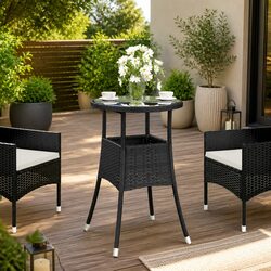 Garden Table Ø60x75 cm Tempered Glass Top Poly Rattan Outdoor Patio Furniture