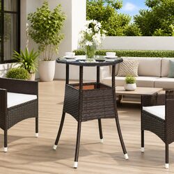Garden Table Outdoor Patio Furniture Tempered Glass Top Poly Rattan Brown Ø60cm