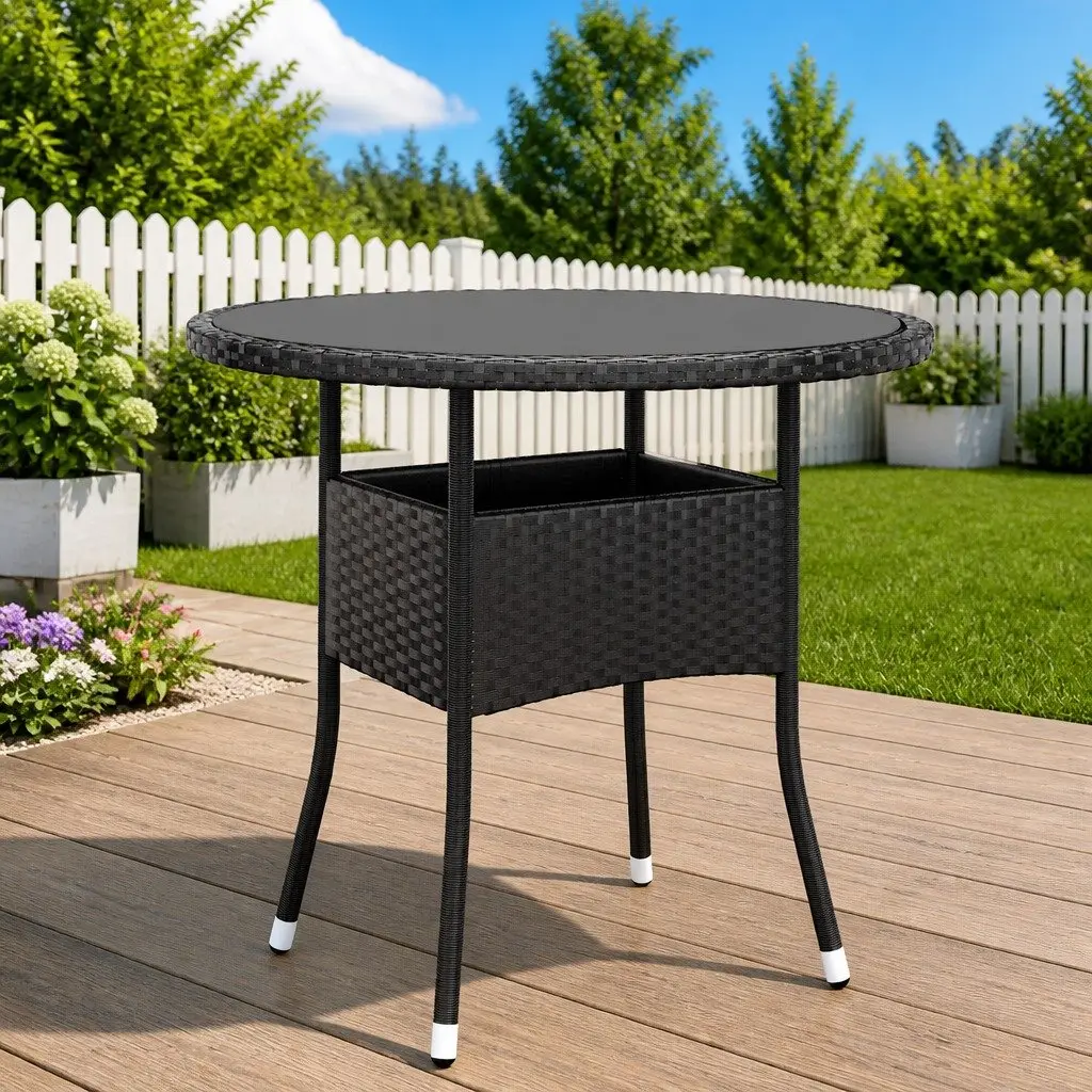 Garden Table Black 80cm Round Tempered Glass Top Poly Rattan Frame